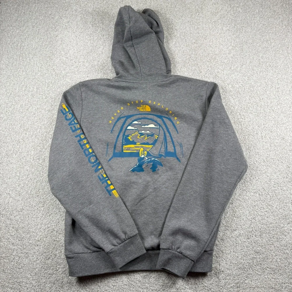 NEW The North Face Hoodie Men M Grey M Evo Tent Graphic Sleeve Logo Pullover
